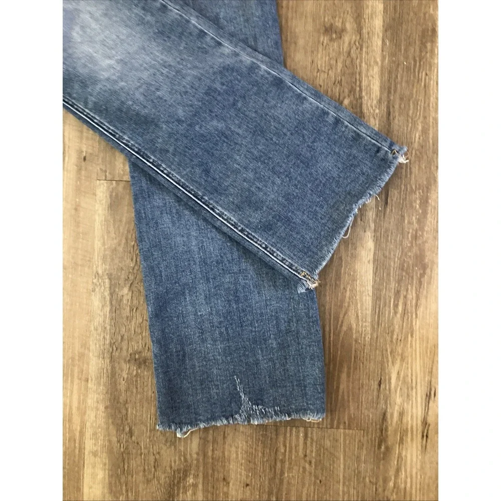Risen Jeans Womens 11/30 Button Fly Wide Leg Frayed Hem Distressed Denim Blue